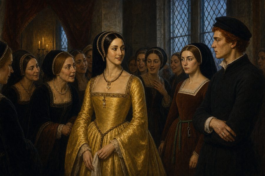 Burn This Letter — Anne in gold at court, Cecily in red, Nicholas watching