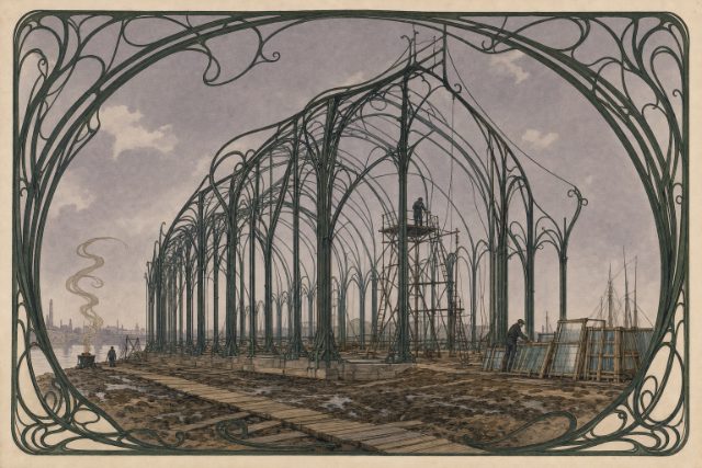 The Pavillon de la Vigne glasshouse rising for the Exposition Universelle, Paris 1900
