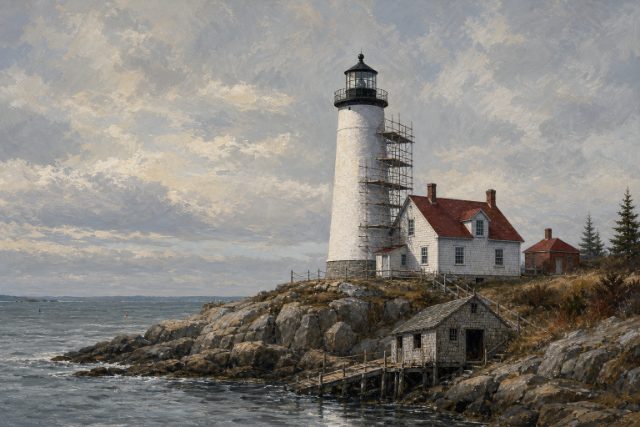 Carrick Point Light under scaffold, coastal Maine in winter