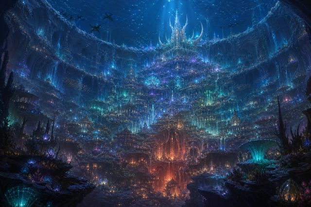 Caldris, the terraced reef-city in the sunless caldera