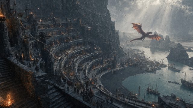 Vharren, the terraced dragon-port on the volcanic isle of Skael
