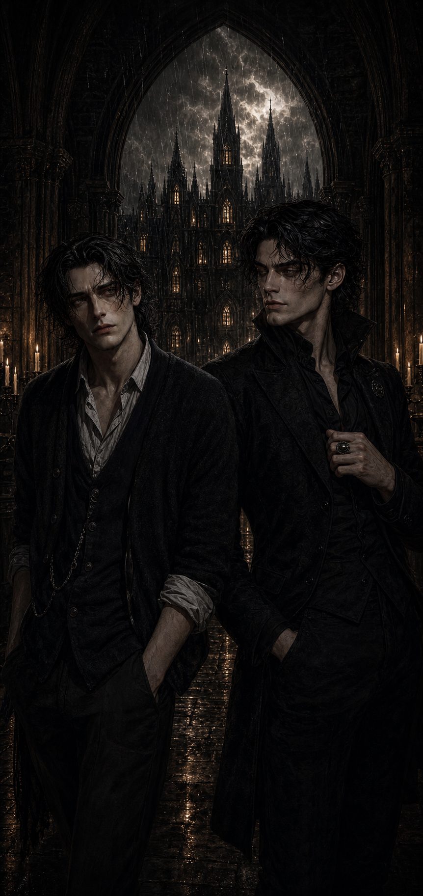 Crimson Hall — Dorian and Cassius under the gothic arch