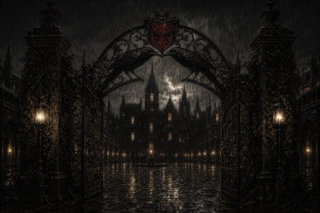 The raven gates of Ravencrest in the rain