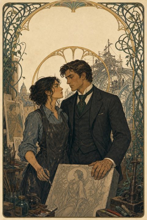 The Verdigris Hour — Céleste and Anatole in the atelier, the glasshouse rising behind them