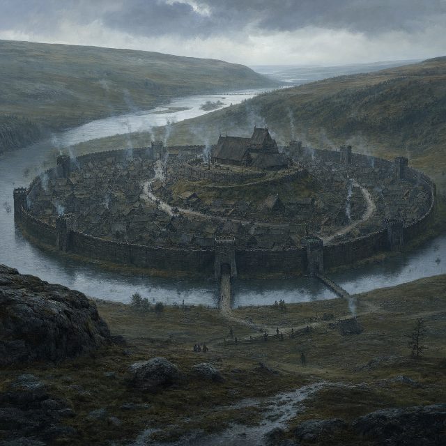 Dúnloren, the walled city in its river bend, kingdom of Annwyl