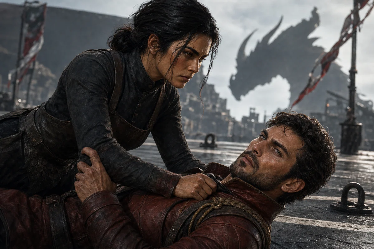 A dragon-bonded healer leans over an injured man as a dragon's silhouette looms through the rain.