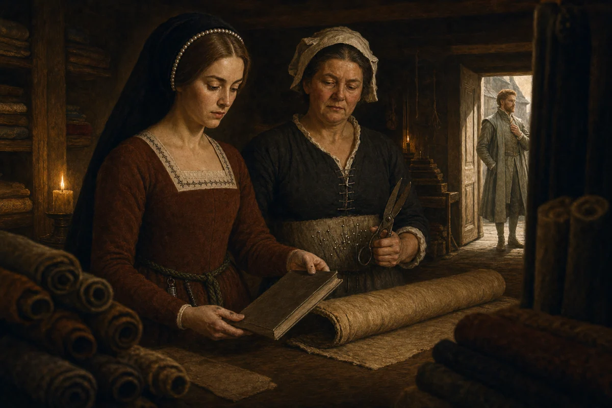 A Tudor book smuggler studies a ledger while a watchful clerk waits in the doorway.