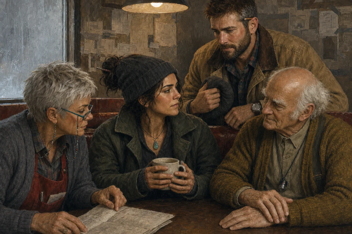 A woman warming her hands around a mug looks toward a weathered carpenter in a coastal diner.