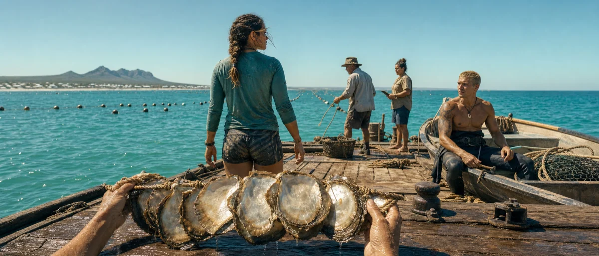 Pearl farmers work from a sunlit raft while a traveling surfer watches from a skiff.